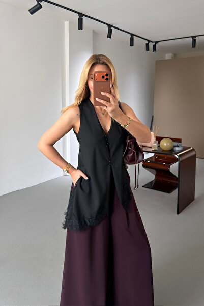 Sezgi Tekin Lace Detail Asymmetrical Cut Black Vest