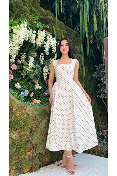 Moda Palmiss Women's White Polka Dot Pack Square Neck Sleeveless Midi Dress