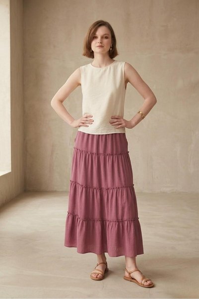 Rora Maxi Layered Skirt with Volan Detail / Summer High-Waisted Comfortable Cut Casual & Stylish Combination