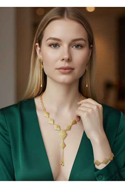 BİJU YILMAZ Vip Altın Kaplama Kare Küpe Bileklik Kolye Set - 26set15