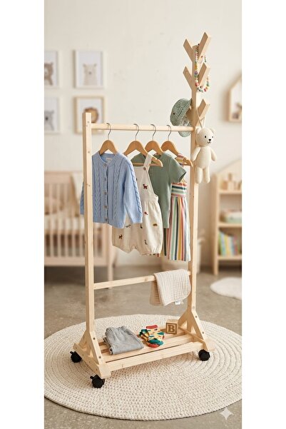 nefes sanat Tekerlekli Doğal Ahşap Askılık – Montessori Çocuk ve Genel Kullan...