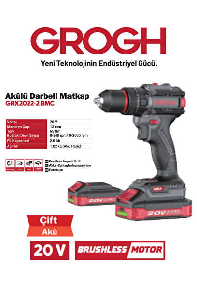 Grogh Akülü Şarjlı Matkap 20V 2Ah Darbeli Delme Vidalama Matkap(BRUSHLESS MOT...