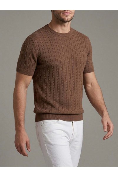 homiro Men's Beige Corded Fabric Knitwear Slim Fit T-Shirt