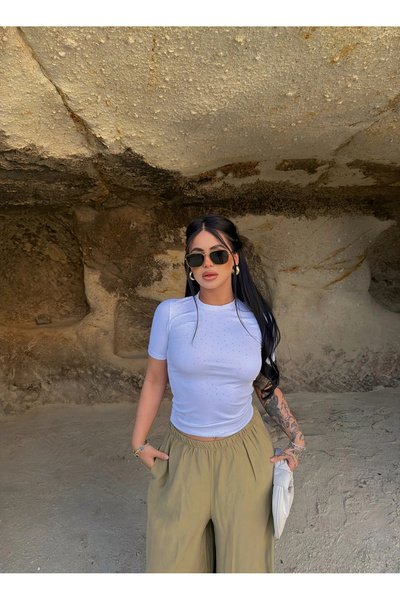 kırmızı butiks Λευκό Glam Basic Πέτρινο Κροπ