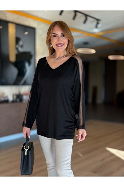 QİMYA BUTİK ΣΑΝΣ ΛΙΦΕ Γυναικεία Μπλούζα με V-λαιμόκοψη, Μακρύ Μανίκι, Τούλι κ...