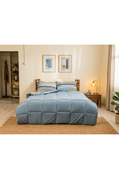 Sherpa Mavi Çift Kişilik Lastikli Çarşaflı Comforter Uyku Seti