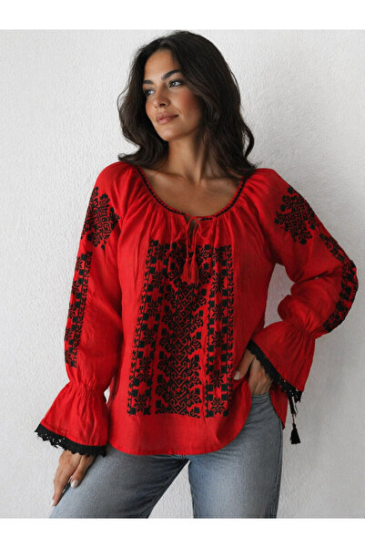 Nobrand Παραδοσιακό Κόκκινο Φόρεμα με Μαύρο Κέντημα, Φουσκωτά Μανίκια, Κομψό,...