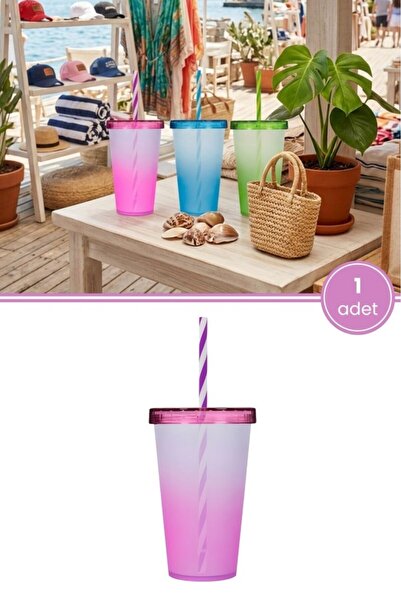 Flora Çift Renkli Pipetli Kapaklı Bardak 660 ml, Smoothie Meşrubat Meyve Suyu...