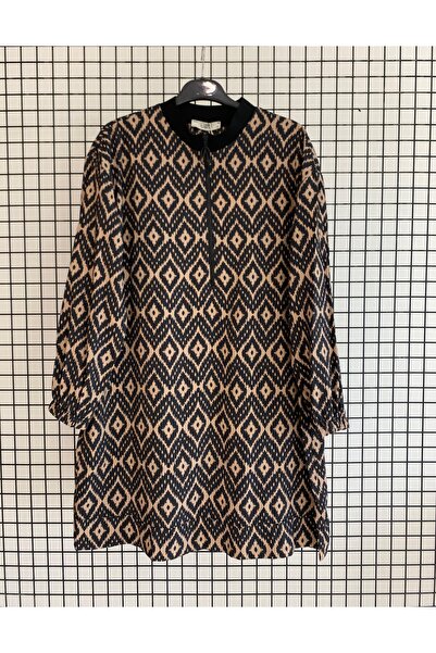 Armine Trendy Collar Zippered Patterned Viscose Fabric Summer Wide Fit Tunic