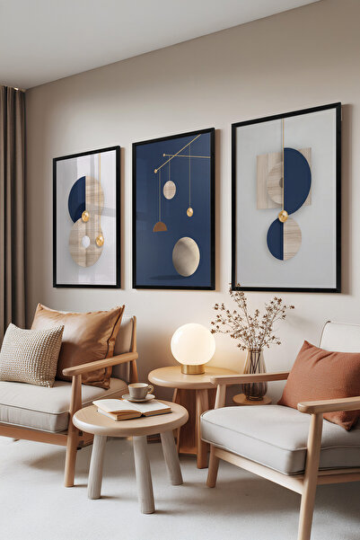 Zestia Siyah Çerçeveli 3’lü Tablo Seti, Geometric Gold – Modern Denge ve Form...