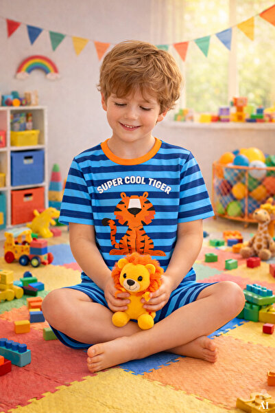 koza iç giyim Erkek Çocuk Pamuklu Çizgili Baskılı Kısa Kollu Şortlu Pijama Takımı