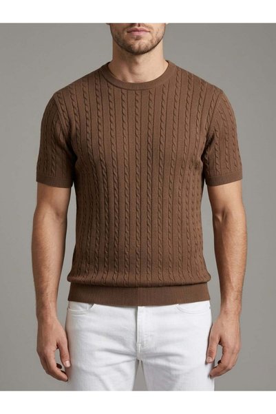 homiro Men's Beige Corded Fabric Knitwear Slim Fit T-Shirt