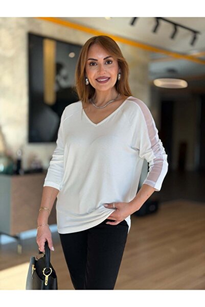 QİMYA BUTİK ΣΑΝΣ ΛΙΦΕ Γυναικεία Μπλούζα με V-λαιμόκοψη, Μακρύ Μανίκι, Τούλι κ...