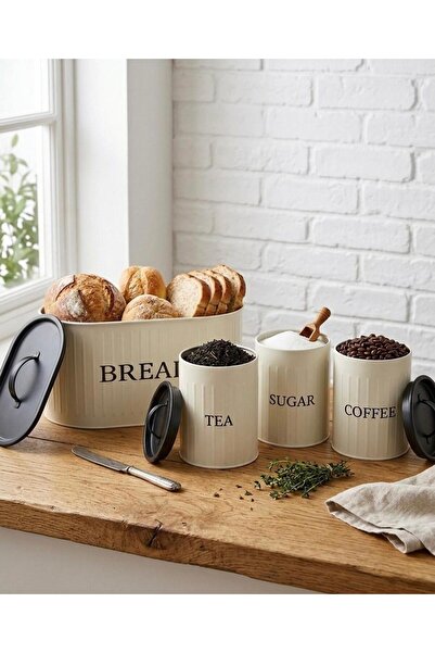 misra home collection 4'lü Ekmeklik Seti Metal Kapak Çay Kahve Şekerlik Tezga...