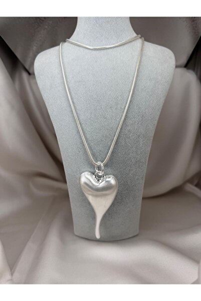 ZS Aksesuar Silver Color Drop Heart Pendant Long Chain Modern Stylish Trend W...