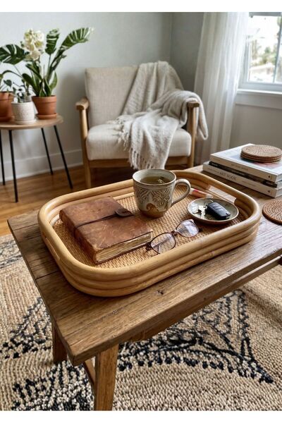 Lessio Home Coff Doğal Rattan Dikdörtgen Sunum Tepsisi - El Yapımı Boho Dekor...