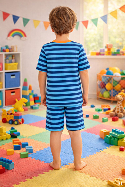 koza iç giyim Erkek Çocuk Pamuklu Çizgili Baskılı Kısa Kollu Şortlu Pijama Takımı