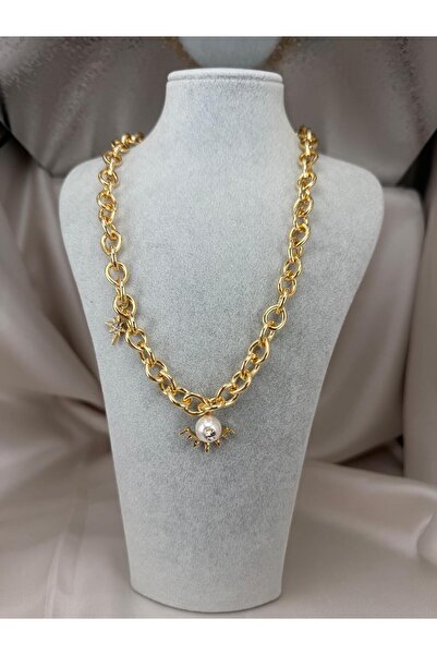 ZS Aksesuar Gold Color Thick Chain Necklace with Pearl and Star Detail Modern...