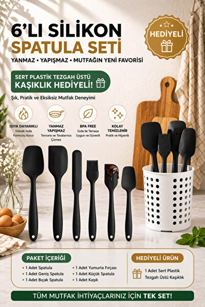 Anadolu Saray 6’lı Silikon Spatula Seti Kaşık Fırça Bıçak + Tezgah Üstü Kaşık...