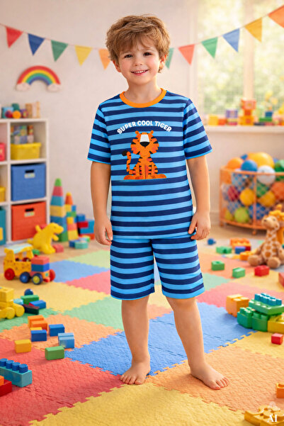 koza iç giyim Erkek Çocuk Pamuklu Çizgili Baskılı Kısa Kollu Şortlu Pijama Takımı