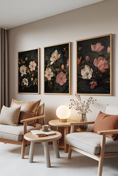 Zestia Σετ 3 πινάκων με ξύλινο πλαίσιο, Σκούρο Φλοράλ – Κλασικό Σετ Ανθοσύνθε...