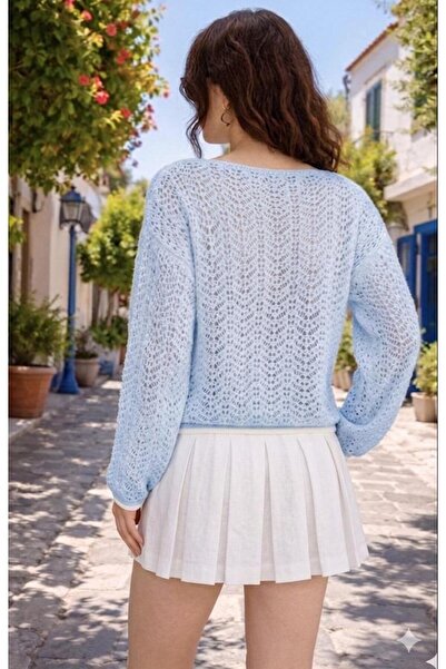 Butik Una Fiaba, Blue Color Regular Fit Boat Neck Openwork Sweater