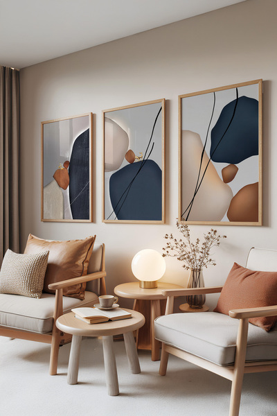 Zestia Σετ 3 πινάκων με ξύλινο πλαίσιο, Natural Balance – Σετ Μοντέρνας Αφηρη...