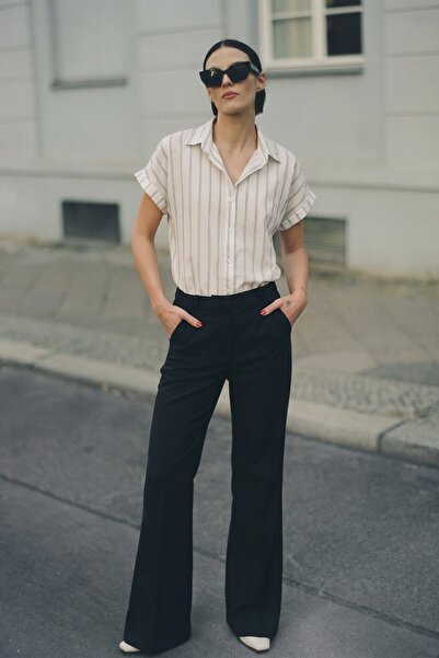 armonika Γυναικείο λευκό-μαύρο ριγέ κοντομάνικο πουκάμισο ARM-19Y001067