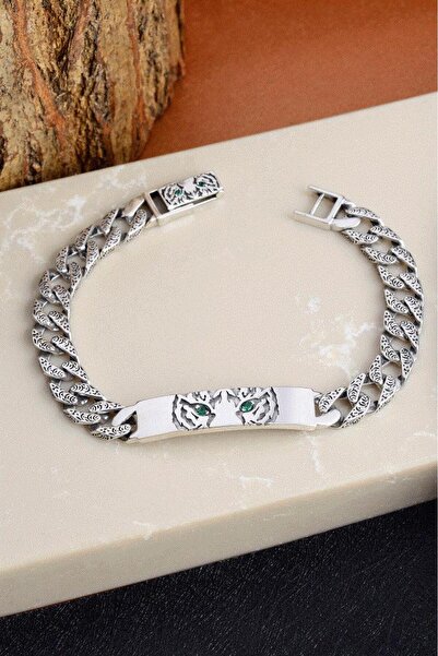 Innuendo Jewelry 925 Ayar Gümüş Kaplan Figürlü Erkek Bileklik Yeşil Taş Detay...