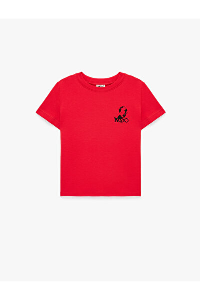 Koton Ataturk Embroidery Detailed Crew Neck Short Sleeve Cotton T-Shirt