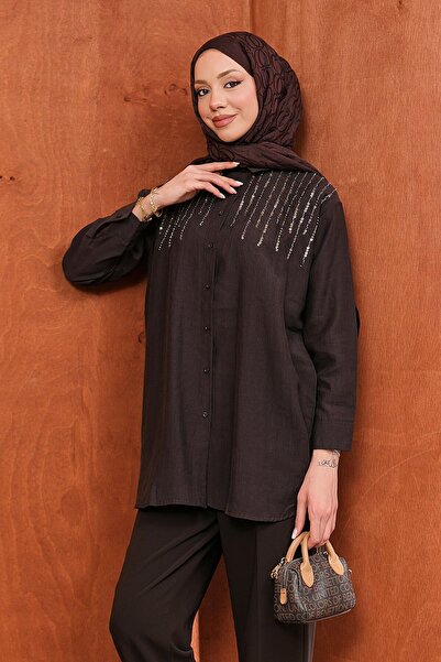 İmajButik Καφέ πουκάμισο με κεντημένες παγιέτες