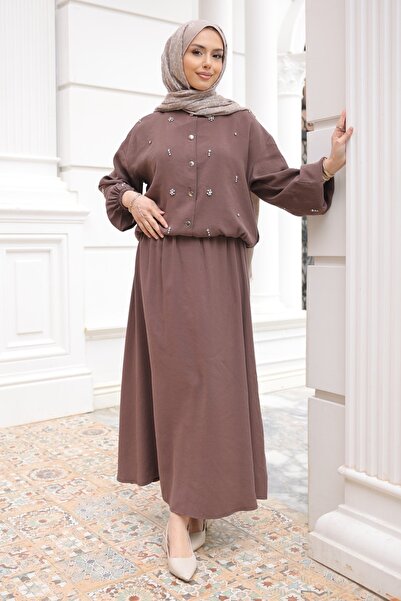 İmajButik طقم سترة وتنورة باللون البني مع أكمام وخصر مطاطيين