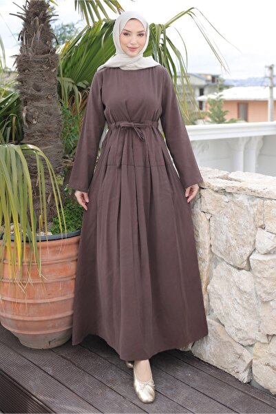 İmajButik Καφέ Φόρεμα με Πλισέ Μπροστινή Φούστα και Δετή Μέση, Υφαντό από Μοντάλ