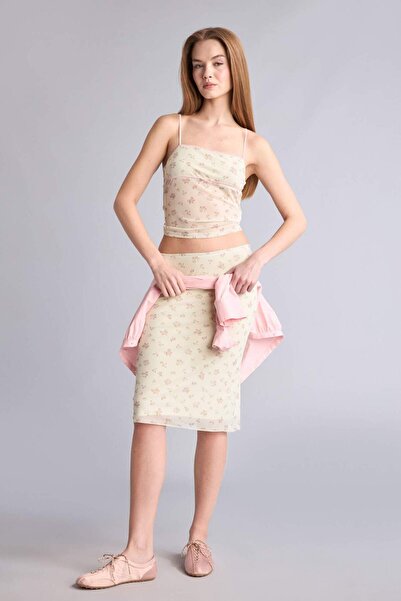 DeFacto Κανονική μίντι φούστα από τούλι με φλοράλ σχέδιο και μεσαία μέση H554...