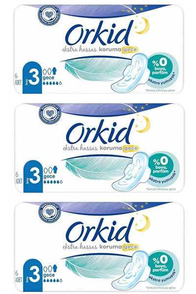 Orkid Extra Hassas Koruma Gece Hijyenik Ped 6'li X 3 Adet