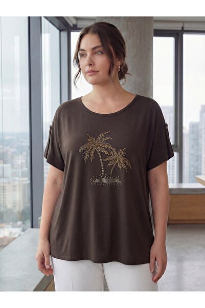 RMG Sleeve Detailed Stone Printed Plus Size T-Shirt Brown