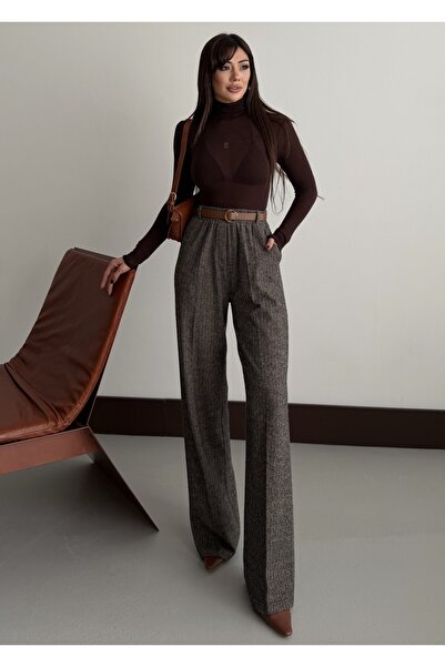 mor butik Γυναικείο παντελόνι παλάτσο σε καφέ χρώμα με σχέδιο ψαροκόκαλο, φαρ...