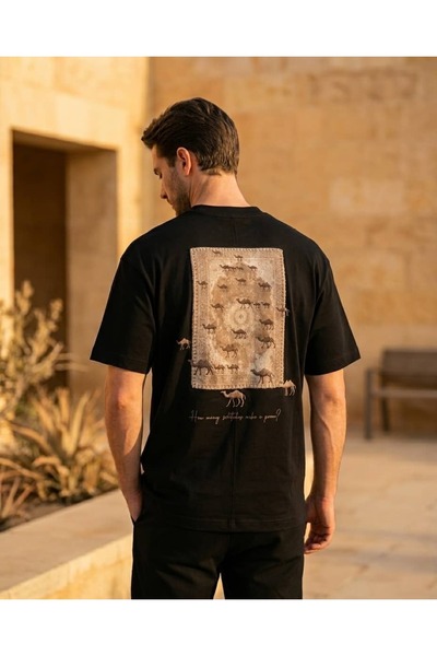 CANMODA Μπλουζάκι Unisex Μαύρο Oversize με έθνικ σχέδιο χαλιού και καμήλας στ...