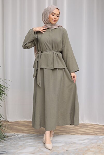 İmajButik Χακί Σετ Πουκάμισο με Κρυφά Κουμπιά και Ζώνη στη Μέση με Φούστα