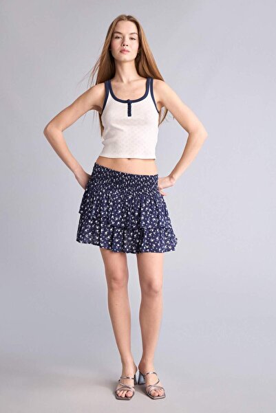 DeFacto Φλοράλ Μίνι Φούστα Βισκόζης με Κανονική Μέση και Ζάρες H5405AX26SM
