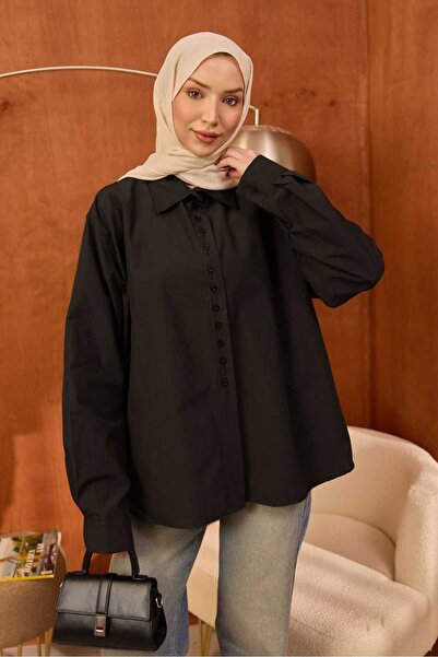 İmajButik Μαύρο πουκάμισο ασύμμετρης κοπής από τερικότον με κουμπιά