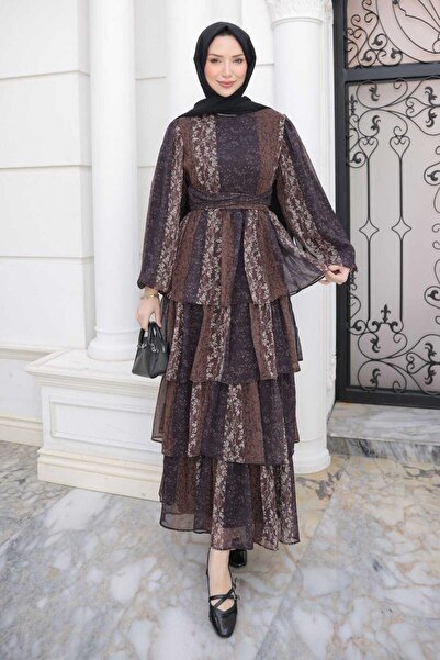 İmajButik Brown Skirt Layered Patterned Chiffon Dress