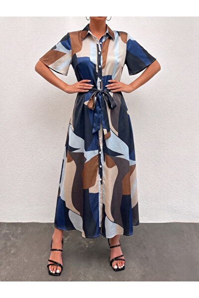 mass fashion Rochie cămașă lungă din satin cu imprimeu pentru femei