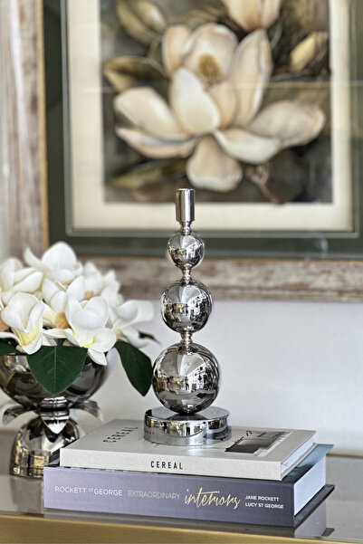 Shura Homeware Truva Metal Şamdan Gümüş Dekoratif Mumluk Ev Dekoru