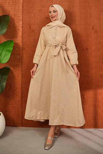 İmajButik Φόρεμα με γιακά βιζόν, κουμπιά και δέσιμο στο πλάι, με ρίγες