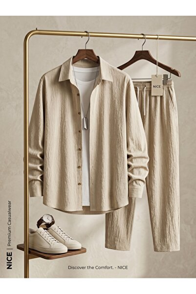 NİCE Καλοκαιρινό Άνετο Σετ Πουκάμισο από Ύφασμα Λύκρα για Γυναίκες και Άνδρες...