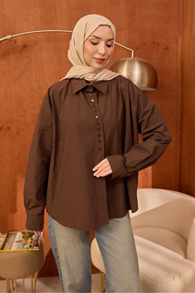 İmajButik Кафява терикотонена риза с копчета и асиметрична кройка