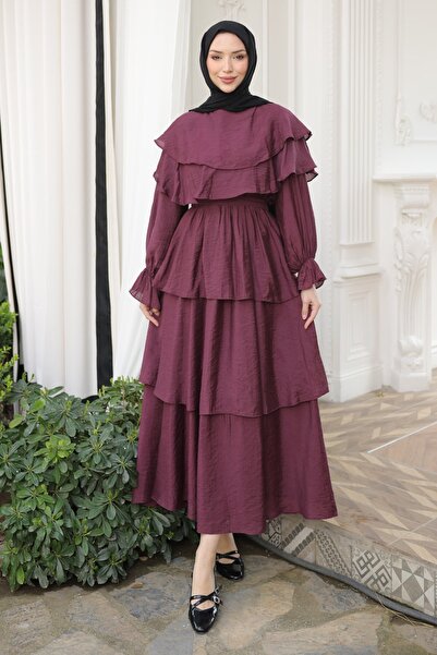 İmajButik Φόρεμα με γιακά με λεπτομέρειες σε χρώμα δαμασκηνί και ελαστική μέση