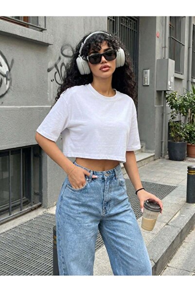 ZİYMO Tricou crop oversize pentru femei, cu decolteu tip crew neck