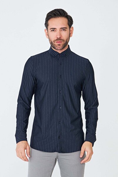 White Stone Ανδρικό πουκάμισο σε μπλε ναυτικό χρώμα, μακρυμάνικο, με λευκές ρ...